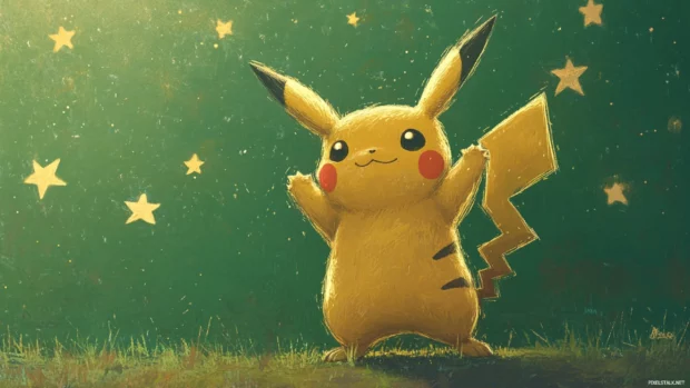 Standing upright, Pikachu flexes his tiny muscles on a green backdrop with floating stars.