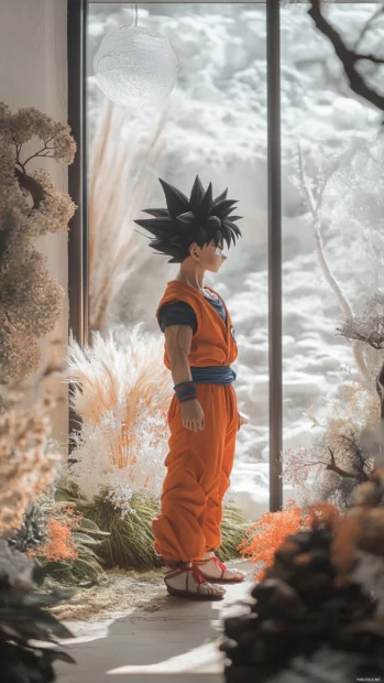 Standing with eyes closed, Goku channels a serene energy into his surroundings.