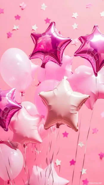 Star shaped balloons floating under pink stars.