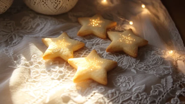 Star shaped cookies on a lace napkin with soft lighting.