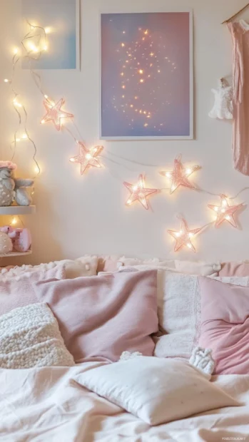 Star shaped fairy lights strung across a girly pastel gallery wall.