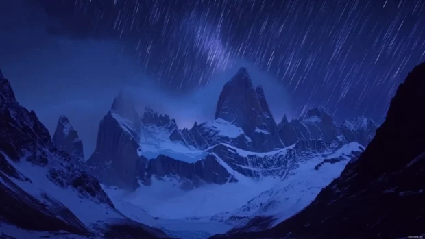Star trails over a mountain range, perfect for Windows 10 lock screen background.