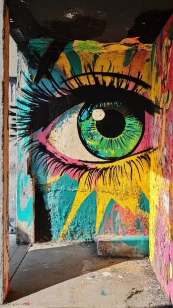 Starburst eye gazing from spiral graffiti void.