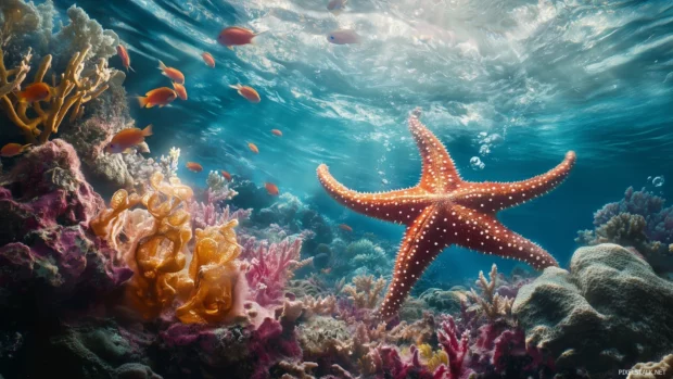 Starfish clinging coral reef, spiny arms spread, small fish swimming around, peaceful underwater ambiance.