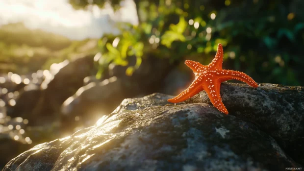 Starfish close up, bright orange crawling rock, intricate texture details, soft sunlight illuminating.