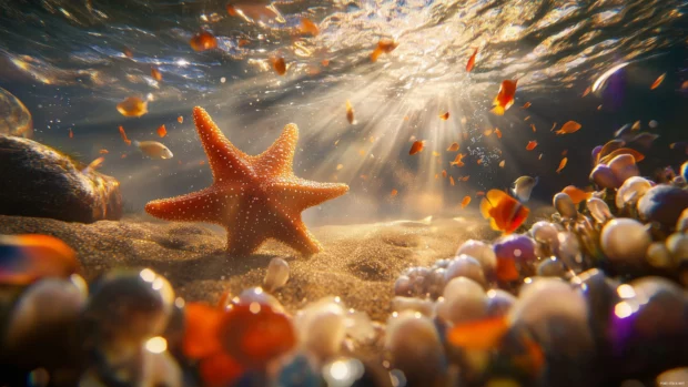 Starfish slow moving, ocean floor, sea anemones array, colorful fish, sunlit water, calming beach scene.