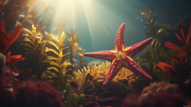 Starfish vivid red yellow, near sea plants, bright sunlight ethereal underwater glow.