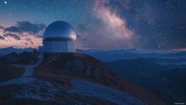 Stargazing perspective from a lonely observatory on a mountain top.