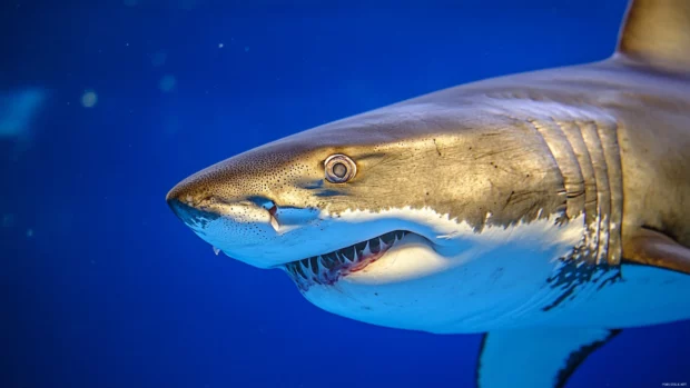 Staring down great white shark with deep sea background.