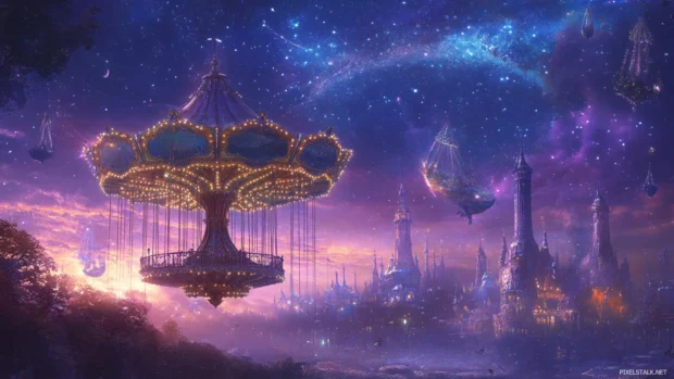 Starry carousels spinning under lavender skies.