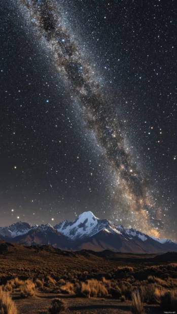 Starry galaxy wallpapers for iPhone, the silent breath of mountains crowned with silver stars.