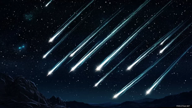 Starry night dramatic, shooting stars streaking, black sky illuminating bright trails, mountainous landscape.