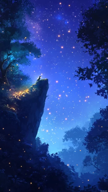 Starry night forest wallpapers, a horizon set ablaze by falling constellations.