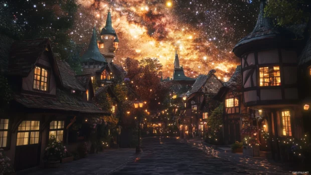 Starry night over anime city.
