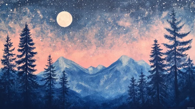 Starry night sky with blush mountain silhouettes.