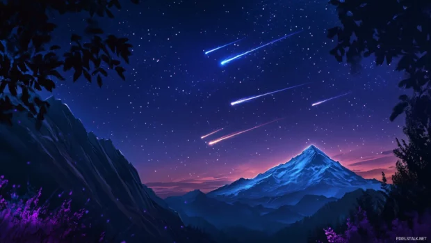 Starry night sky with shooting stars over a mountain, best HD wallpapers for PC lovers.