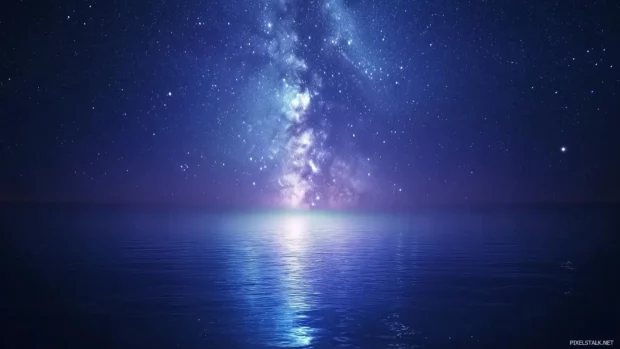 Starry night stunning, calm ocean above, stars reflecting water perfect mirror, serene ethereal feel.