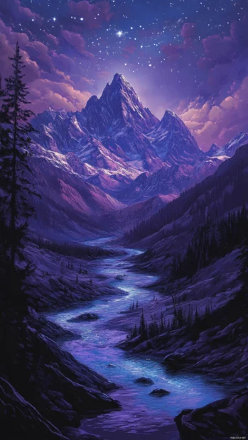 Starry rivers stretching into violet mountains.