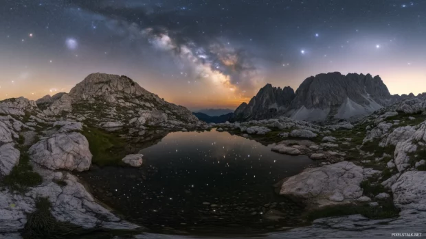 Starry sky beautiful, quiet mountain range, stars reflected calm lake, stunning mirror effect night sky.