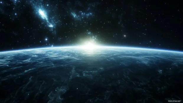 Starry sky expansive, glowing nebula distance, stars shining bright, sense of awe wonder vastness space.