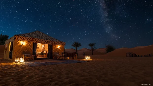 Starry sky illuminating pretty desert dunes at night.