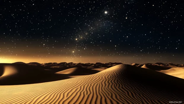 Starry sky peaceful, calm desert landscape above, stars shining bright dark cloudless sky, tranquil magical atmosphere.