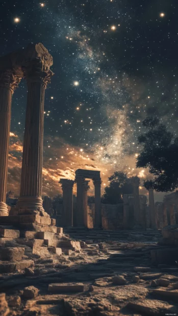 Starry winds weaving through ancient ruins.