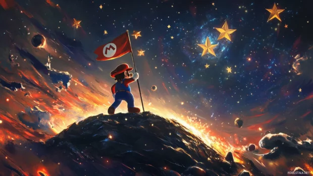Stars burst upward as Mario plants a flag on a glowing crater rim in celebration.