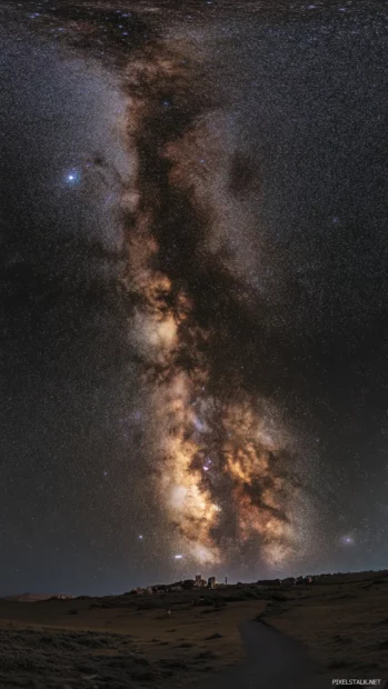 Stars clustered thickly above a dark meadow.