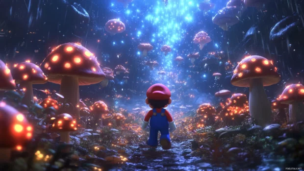 Stars fall gently around Mario while he walks through a dreamlike field of glowing mushrooms.