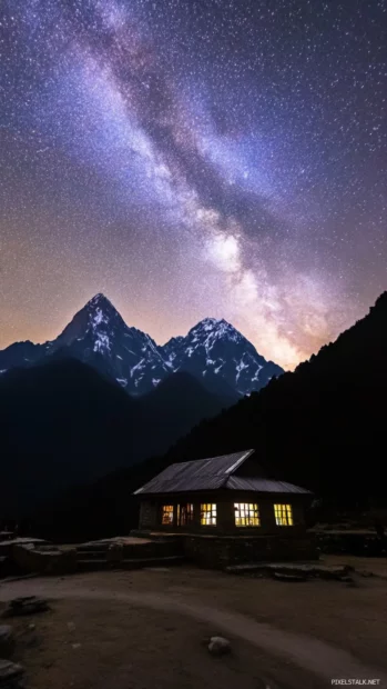 Stars framing the silhouette of a mountain temple.