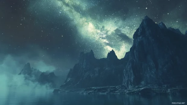 Stars glowing beyond misty coastal cliffs.