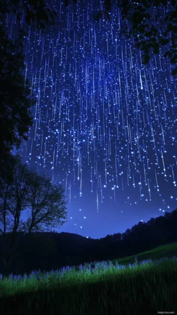 Stars raining down on a silent meadow, painting the skies for Blue night sky stars wallpaper.