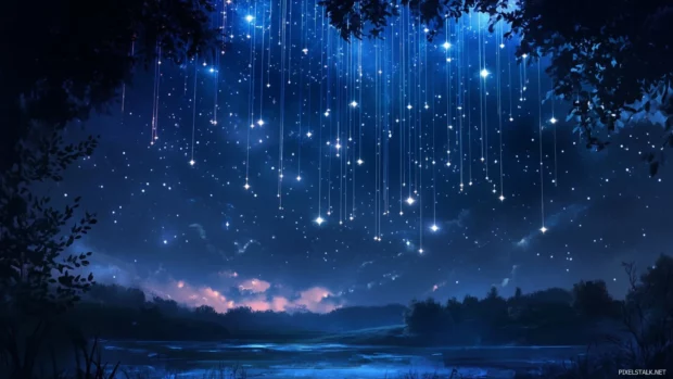 Stars raining down on a sleepy countryside, beautifully captured for Dreamy stars wallpaper.