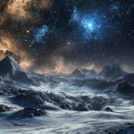 Stars twinkling beyond barren rocky landscapes, capturing the essence of Cosmic black stars wallpaper.