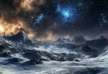 Stars twinkling beyond barren rocky landscapes, capturing the essence of Cosmic black stars wallpaper.
