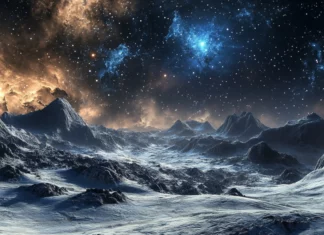 Stars twinkling beyond barren rocky landscapes, capturing the essence of Cosmic black stars wallpaper.