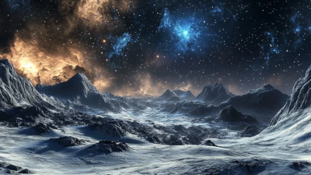 Stars twinkling beyond barren rocky landscapes, capturing the essence of Cosmic black stars wallpaper.