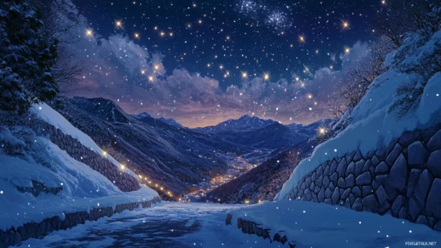 Stars twinkling over a snowy mountain pass.