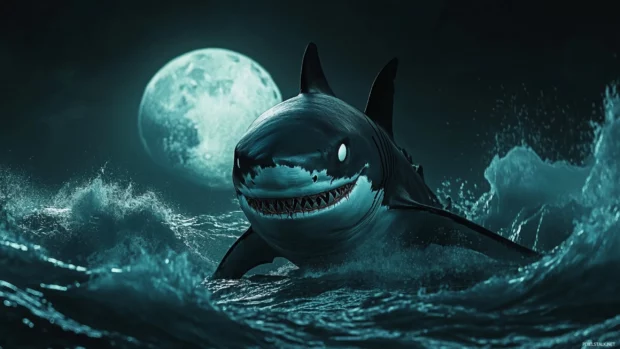 Stealth shark with ninja mask under moonlit waves.