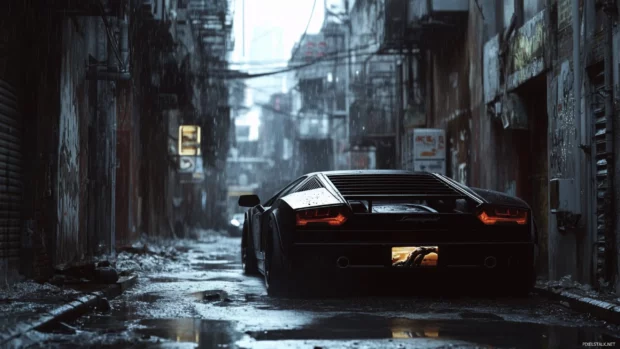 Stealth themed Black Lamborghini wallpaper with the car drifting through an urban alley.