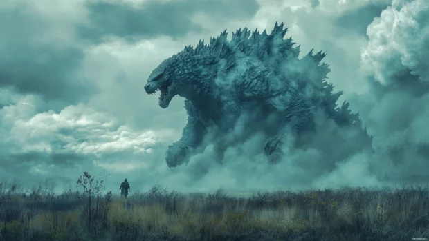 Steam hisses from the ground where Godzilla has stepped.