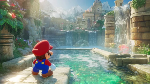 Steam rises from a hot spring stage where Mario relaxes after a long journey.