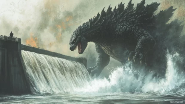 Steam rising as Godzilla charges through a collapsed dam.