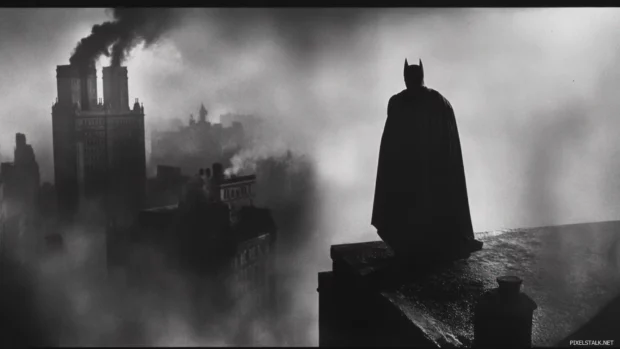 Steam rising from a rooftop as Batman surveys Gotham.