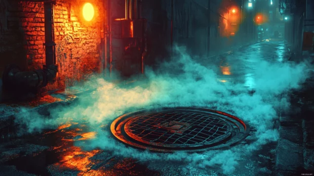 Steam rising from a sewer grate, painting fog trails beneath the fluorescent streetlights in a cyberpunk lane.