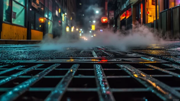 Steam rising from subway grates in an abandoned street at night.