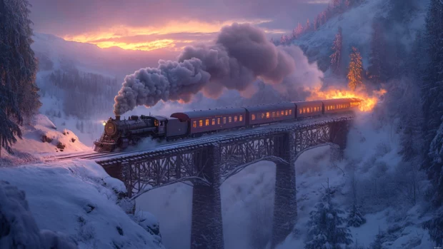 Steam train crossing a snowy bridge at twilight.