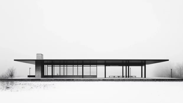Steam train station positioned with minimalist balance and contrast.