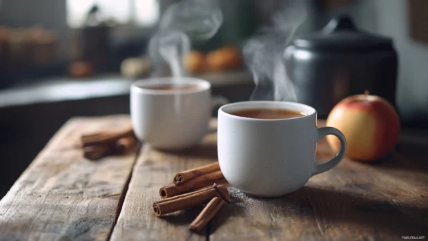 Steaming apple cider mugs on a rustic wooden table with cinnamon sticks.